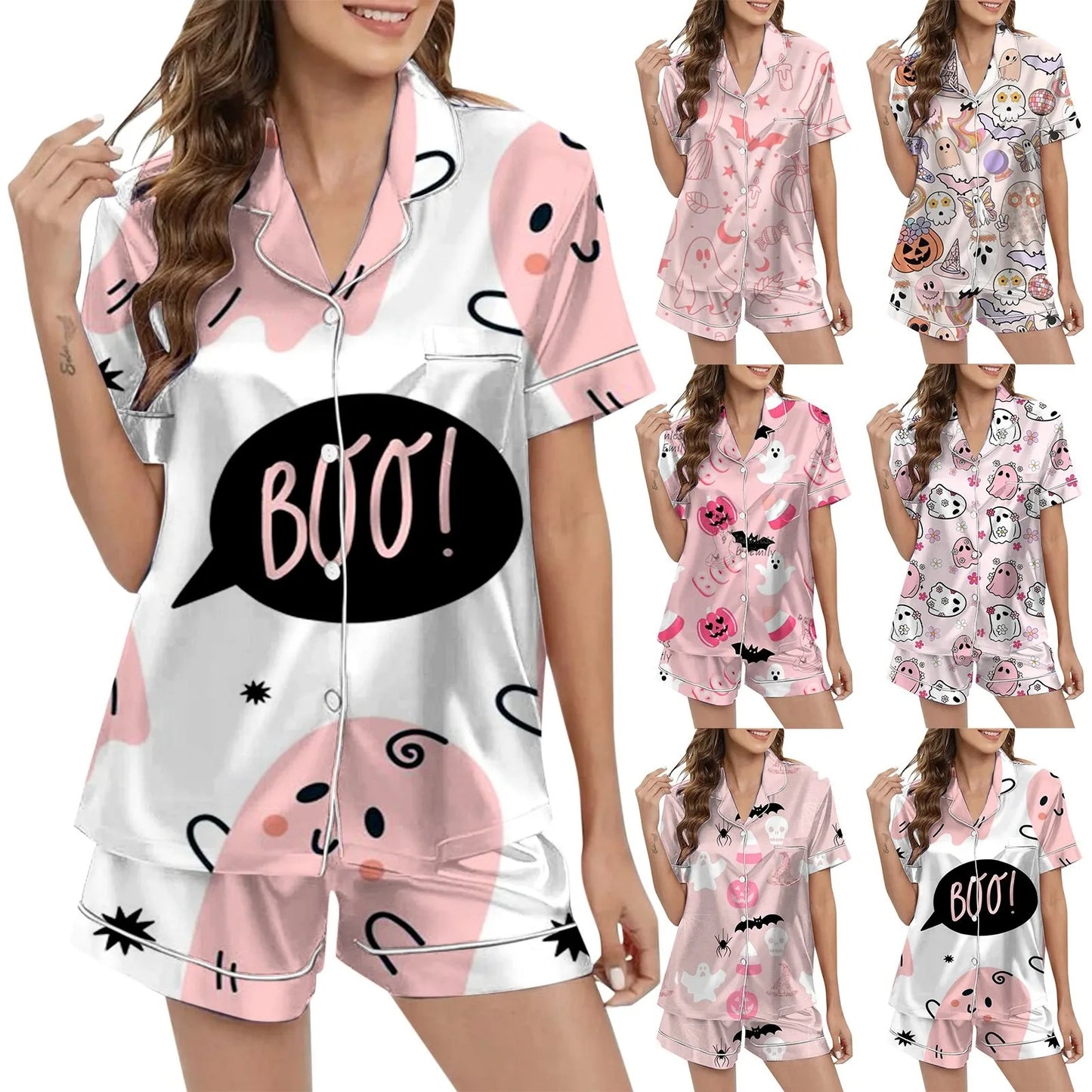 Halloween Boo Satin Button Down Tops and Shorts Loungewear