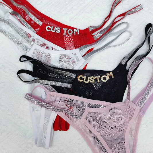 Personalized Lace And Glitter G-String With Crystal Letters