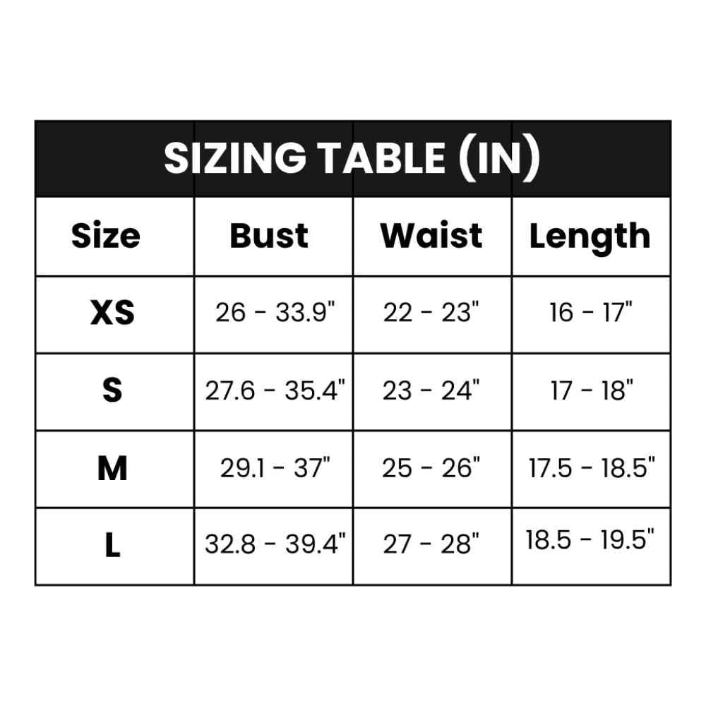 Sizing table for crop tops in inches- PDP