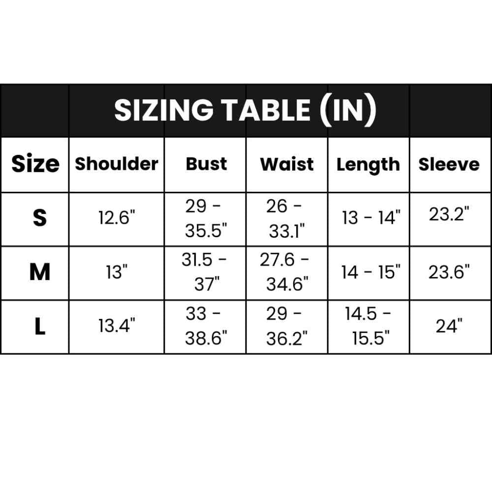 Sizing table for long sleeve crop tops in inches