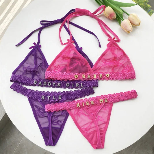 Personalized Tie Neck Bra and G-String