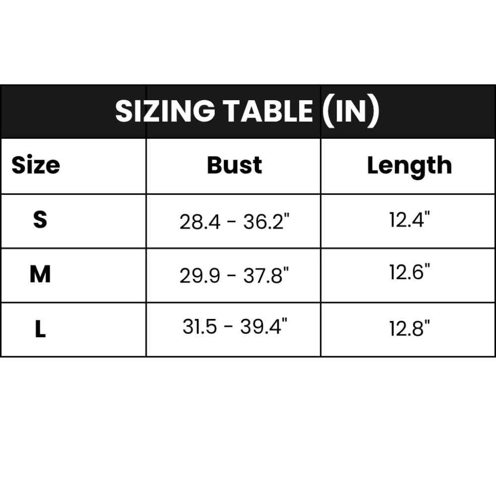 Sizing table for clothing with bust and length measurements in inches.