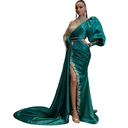 Elegant Fishtail Evening Dress – Green Satin Gown with Shoulder Strap & Gold-Plating Details