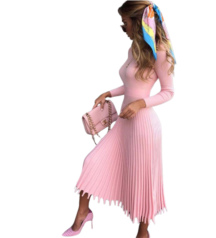 Elegant Pink Pleated Dress – Soft Cotton Long-Sleeve Midi