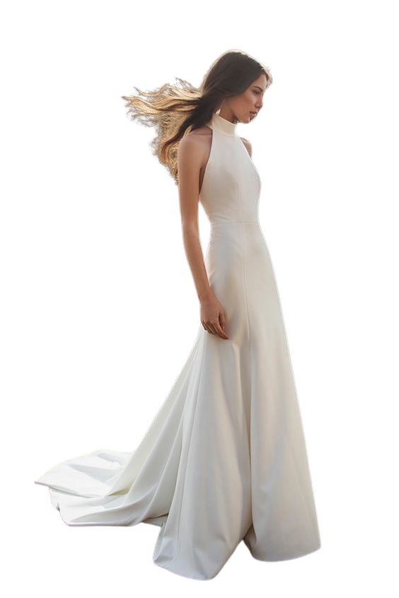 Elegant Round Neck Halter Gown – White Slim Fit Evening Dress