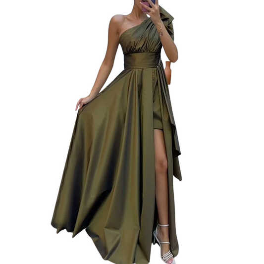 Women’s One-Shoulder Layered Evening Dress in Army Green