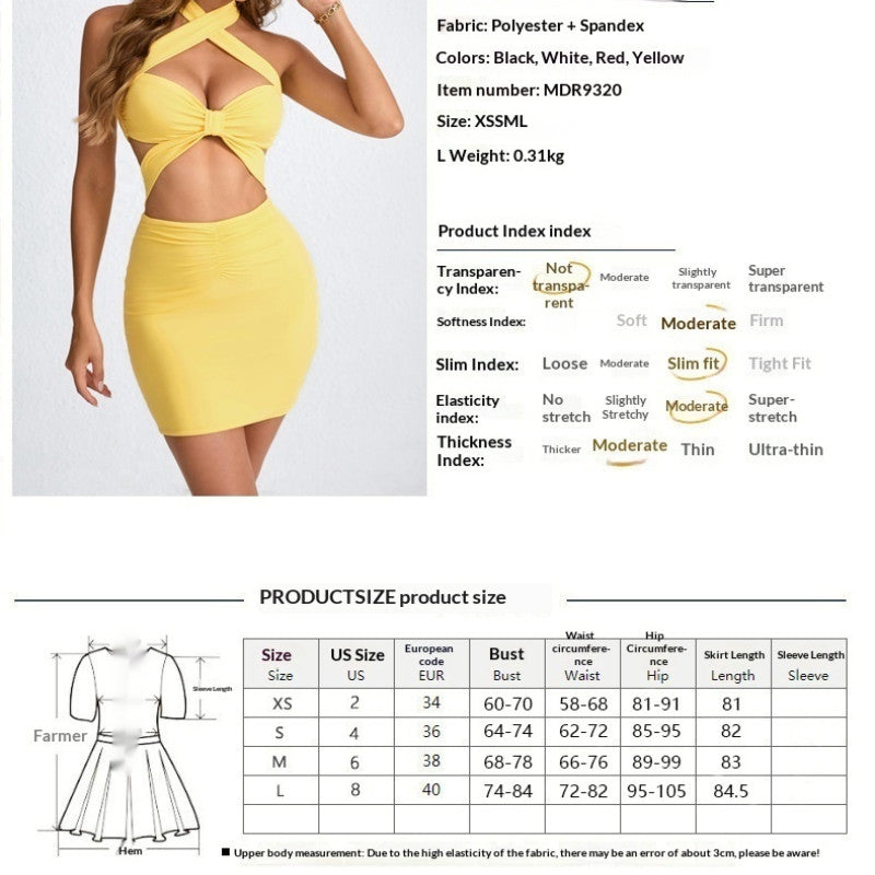 Yellow dress with cut-out design on a white background, featuring product details and size chart.