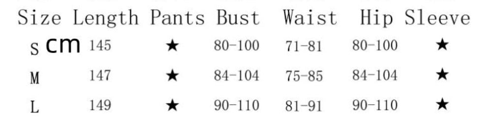 "Clothing size guide table with columns for Size (S, M, L), Length in cm (145, 147, 149), Pants, Bust (80-100, 84-104, 90-110), Waist (71-81, 75-85, 81-91), Hip (80-100, 84-104, 90-110), and Sleeve."