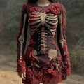 "Woman wearing a black and red skeleton floral sweater dress with 3D rose embellishments and corset lacing, standing outdoors"