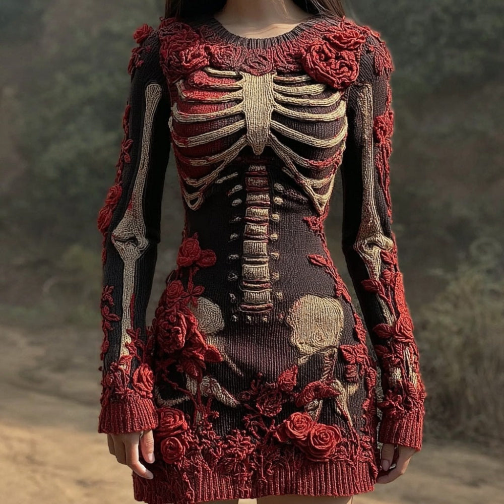 "Woman wearing a black and red skeleton floral sweater dress with 3D rose embellishments and corset lacing, standing outdoors"