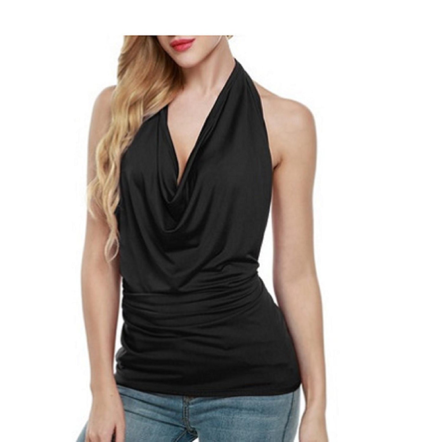 Slim Halter Sleeveless Deep V Swing Neck Halter Top