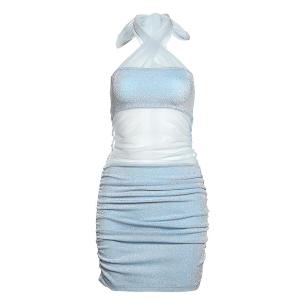 "Light blue and white halter mini dress with sparkly bodice, ruched skirt, and tie detail on a white background"