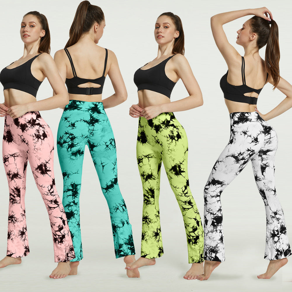 Four women modeling high-waisted flared tie-dye leggings in pink, teal, lime green, and black/white patterns, paired with black sports bras. Multi-view studio display against a clean white background.