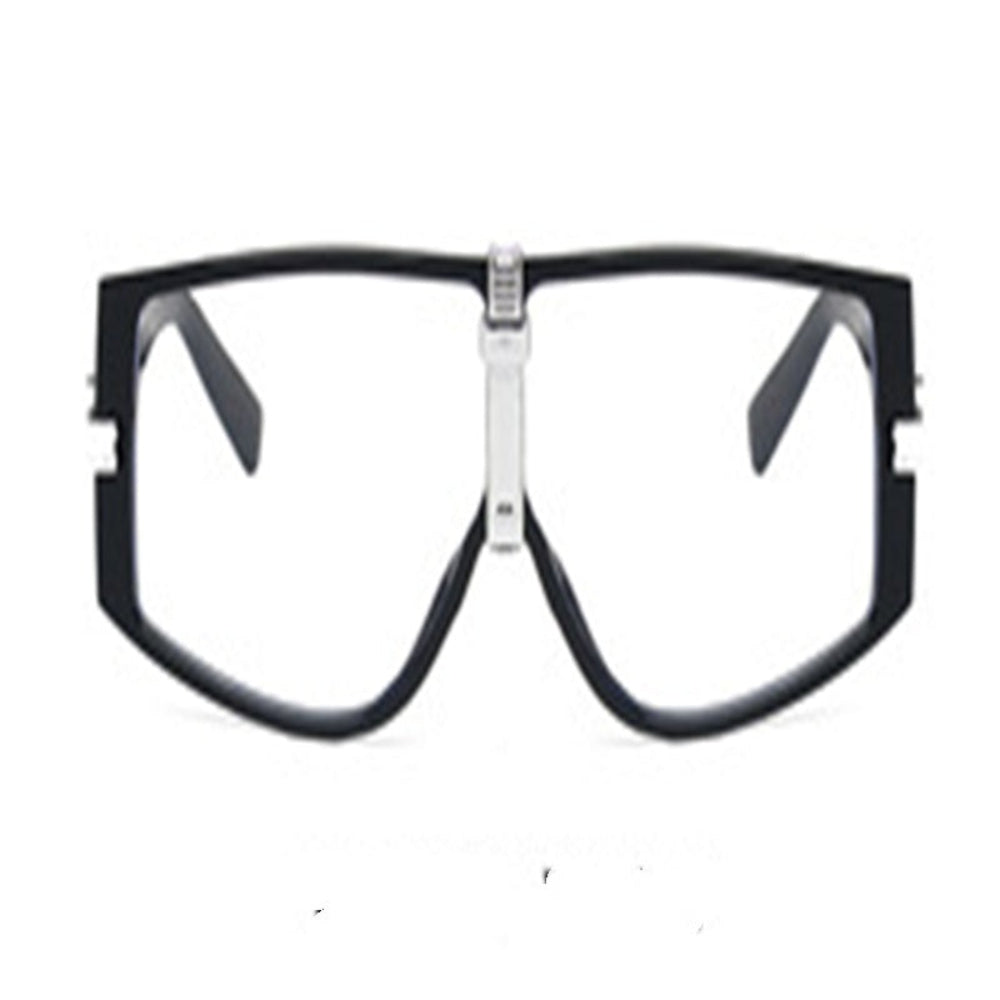Bold black rectangular oversized sunglasses featuring a thick frame, futuristic shield design, and prominent silver metallic center bridge with clear lenses