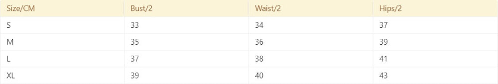 Swimwear size chart in CM showing Bust, Waist and Hips measurements for sizes S, M, L, XL.