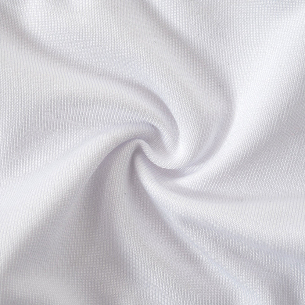 Close-up of premium white ribbed knit fabric twisted into a smooth spiral, highlighting the soft texture, fine ribbing, and high-quality cotton feel.