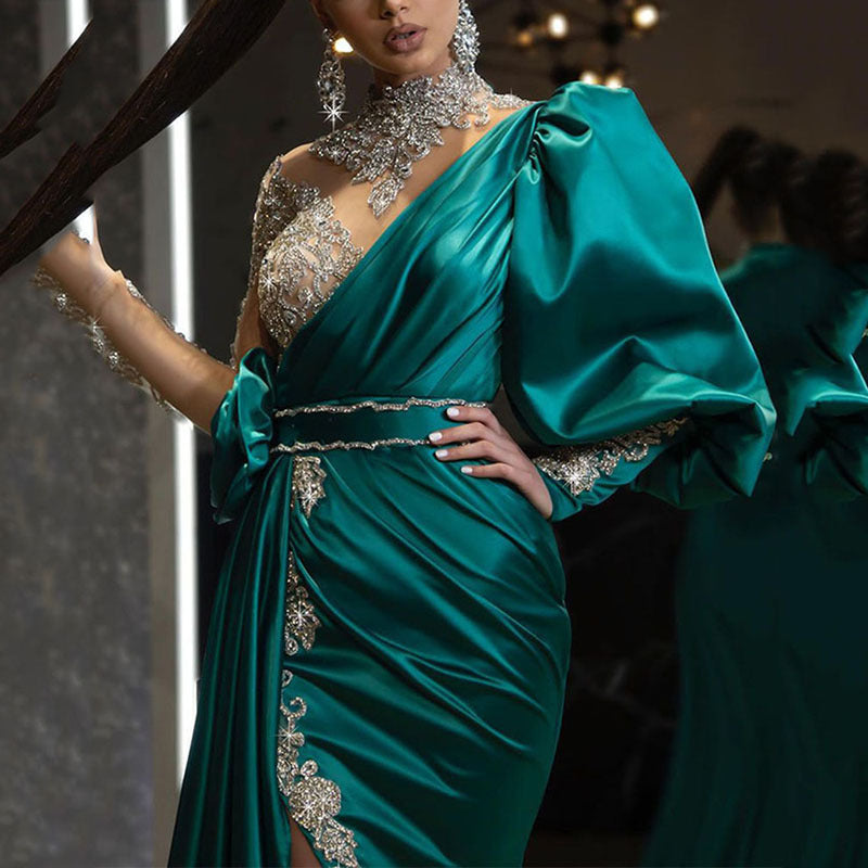 Elegant Fishtail Evening Dress – Green Satin Gown with Shoulder Strap & Gold-Plating Details