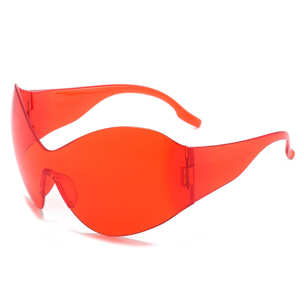 Red sunglasses with a white frame on a white background