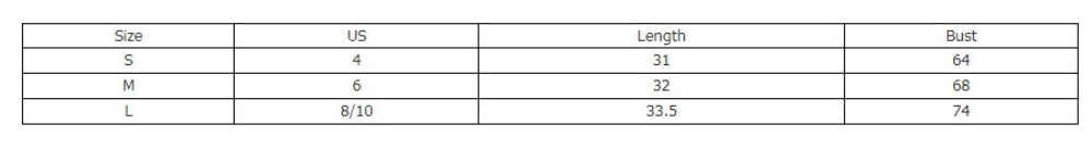 Size chart with measurements for US, length, and bust.