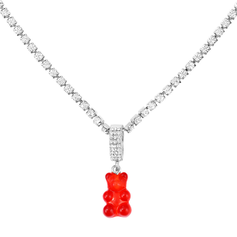Tennis chain necklace with red gummy bear pendant – trendy silver bling chain with fun bear charm, statement jewelry.