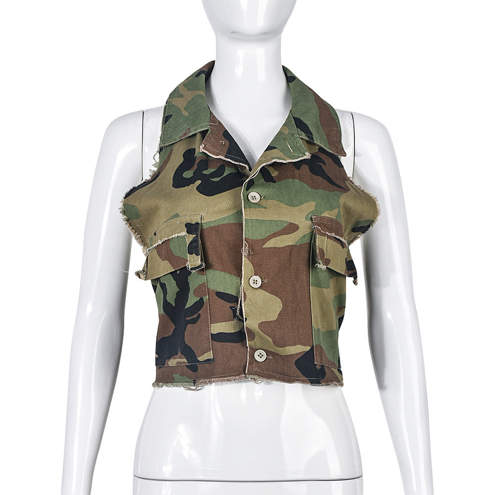 Camouflage Crop Jacket - Green Military Print Button Front Collar Frayed Distressed Crop Top for Women