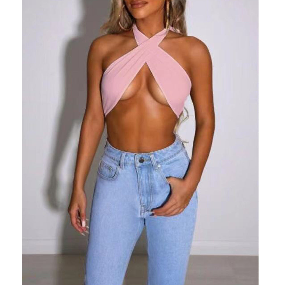 Pink Crisscross Halter Crop Top - Light Pink Twist Front Plunging Neck Sleeveless Crop Top for Women
