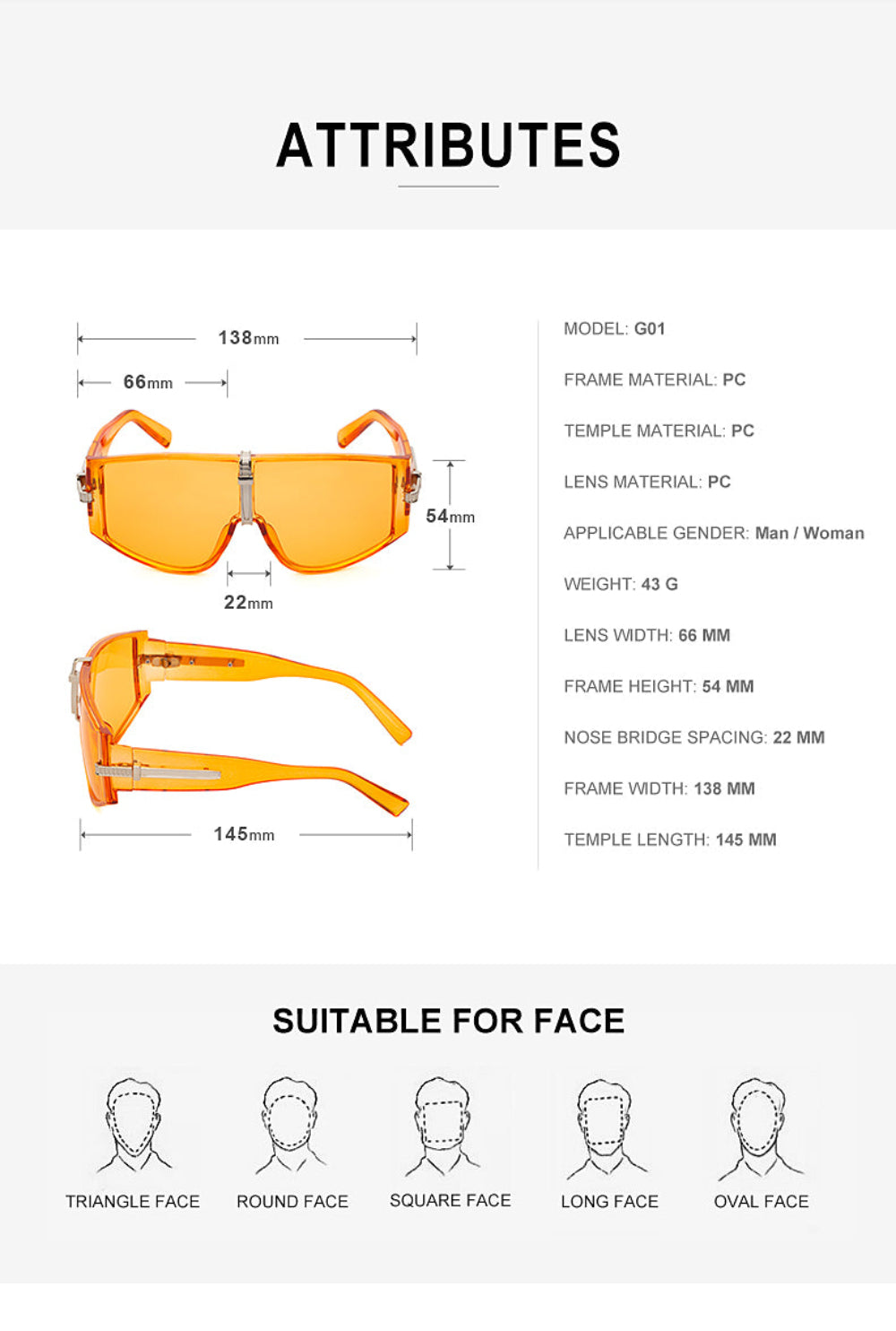 Orange goggle sunglasses specs – technical details, dimensions, PC frame, weight 45g, and face shape guide for trendy sporty eyewear.