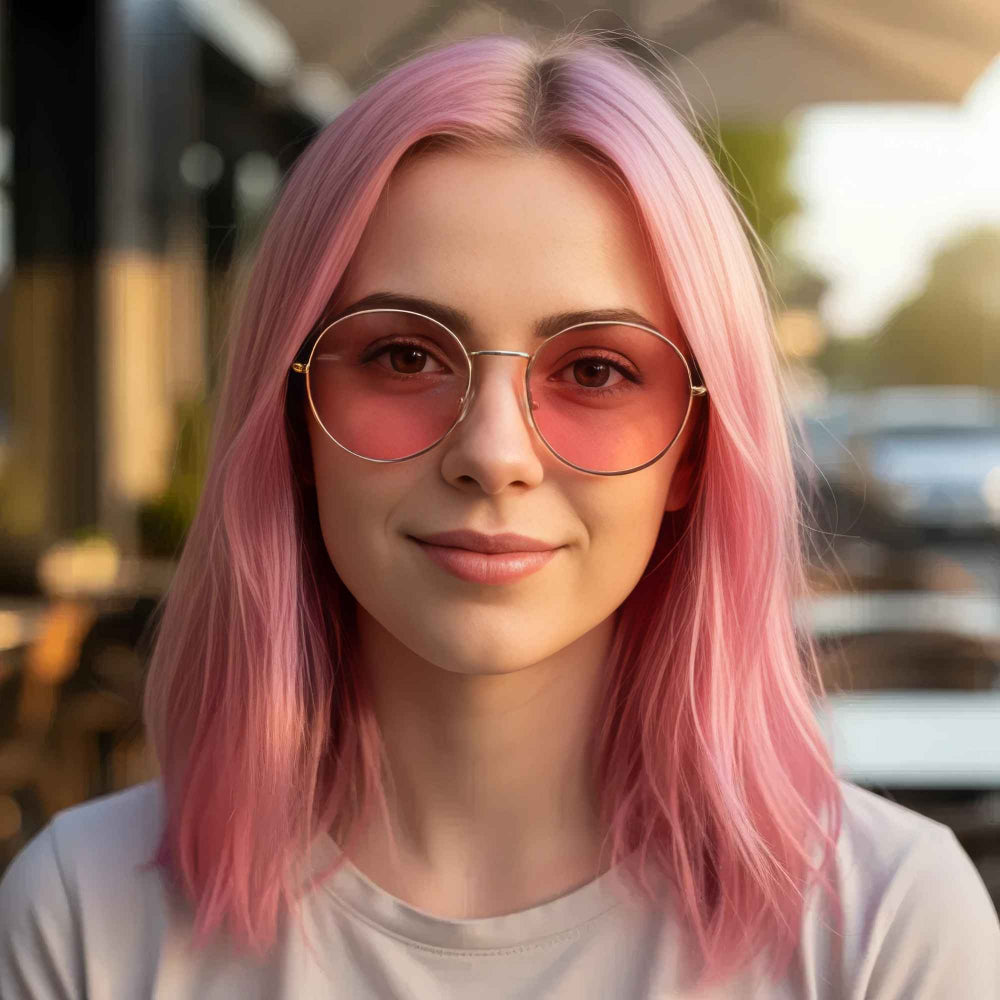 Close-up portrait of a smiling model with shoulder-length bright pink hair, wearing trendy round jelly-style sunglasses with gold metal frames and pink tinted lenses. Soft natural outdoor lighting with blurred background.