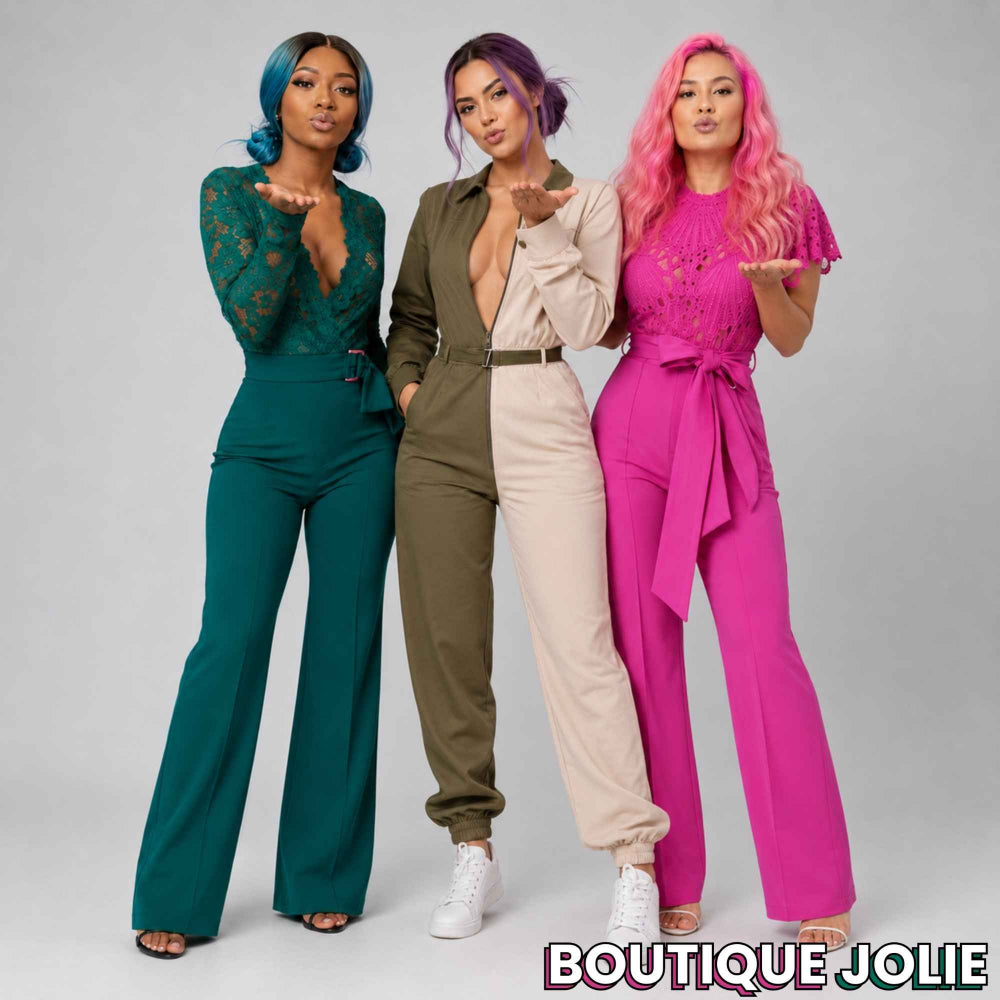 Three women posing together in matching three-piece jumpsuits in different vibrant colors: teal green, olive green and beige, and hot pink. They are posing against a light gray studio background with the text 'BOUTIQUE JOLIE' at the bottom right.