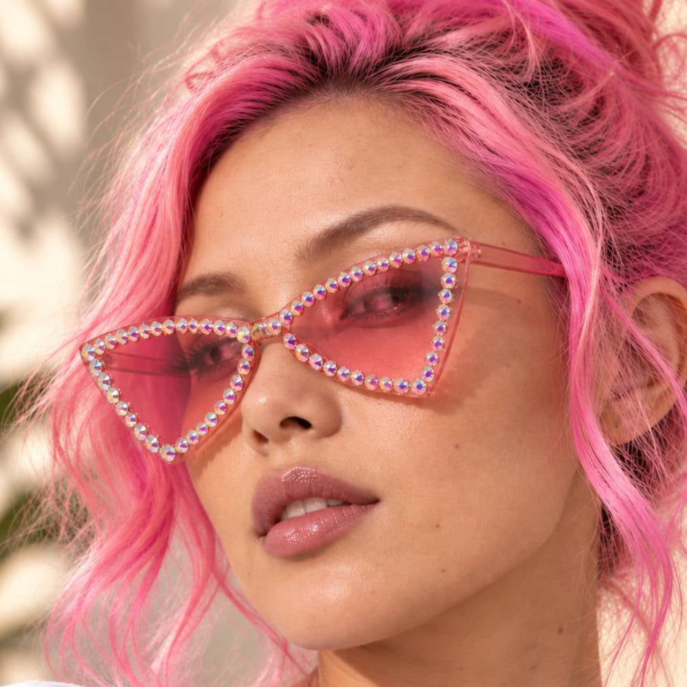 Woman with pink hair wearing pink triangle sunglasses with iridescent rhinestone frames.