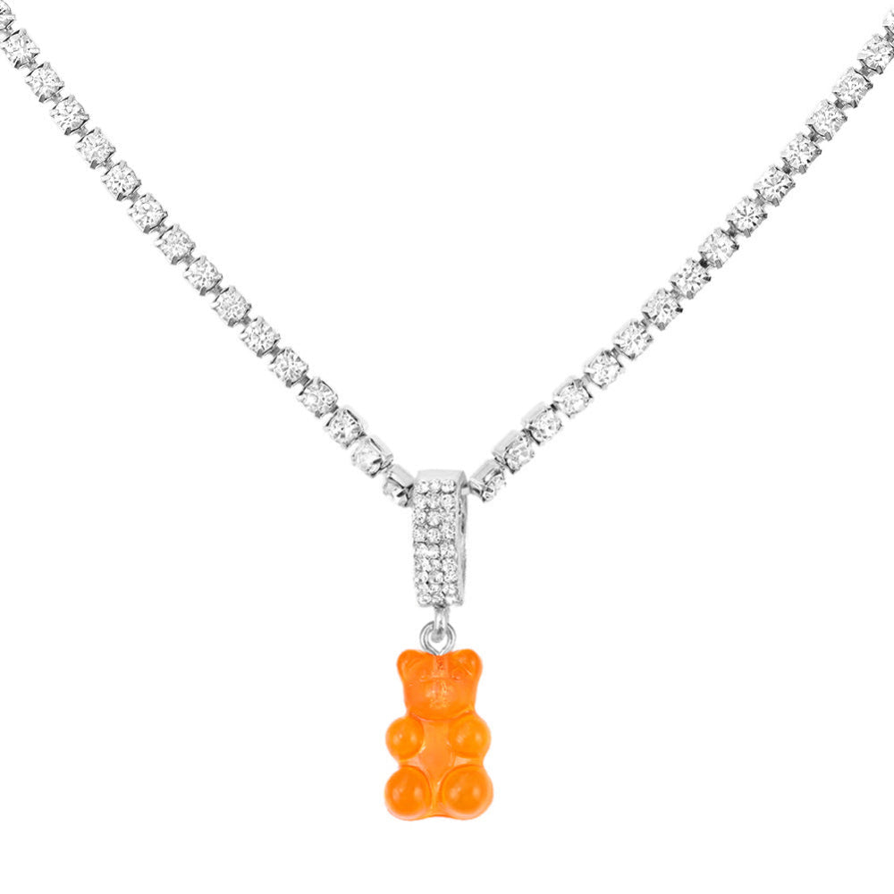 Tennis chain necklace with orange gummy bear pendant – trendy silver bling chain with fun bear charm, statement jewelry.