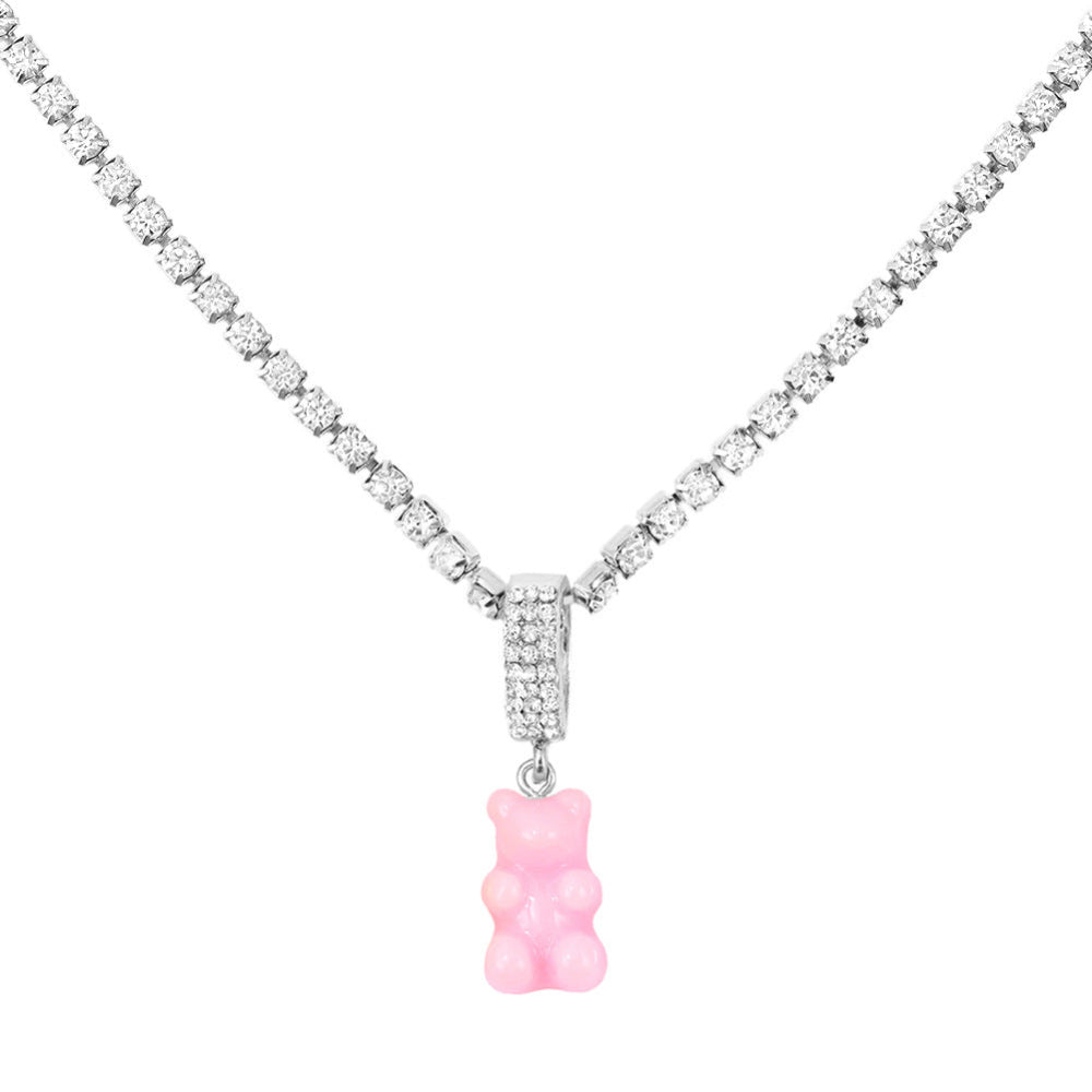 Tennis chain necklace with pink gummy bear pendant – trendy silver bling chain with fun bear charm, statement jewelry.