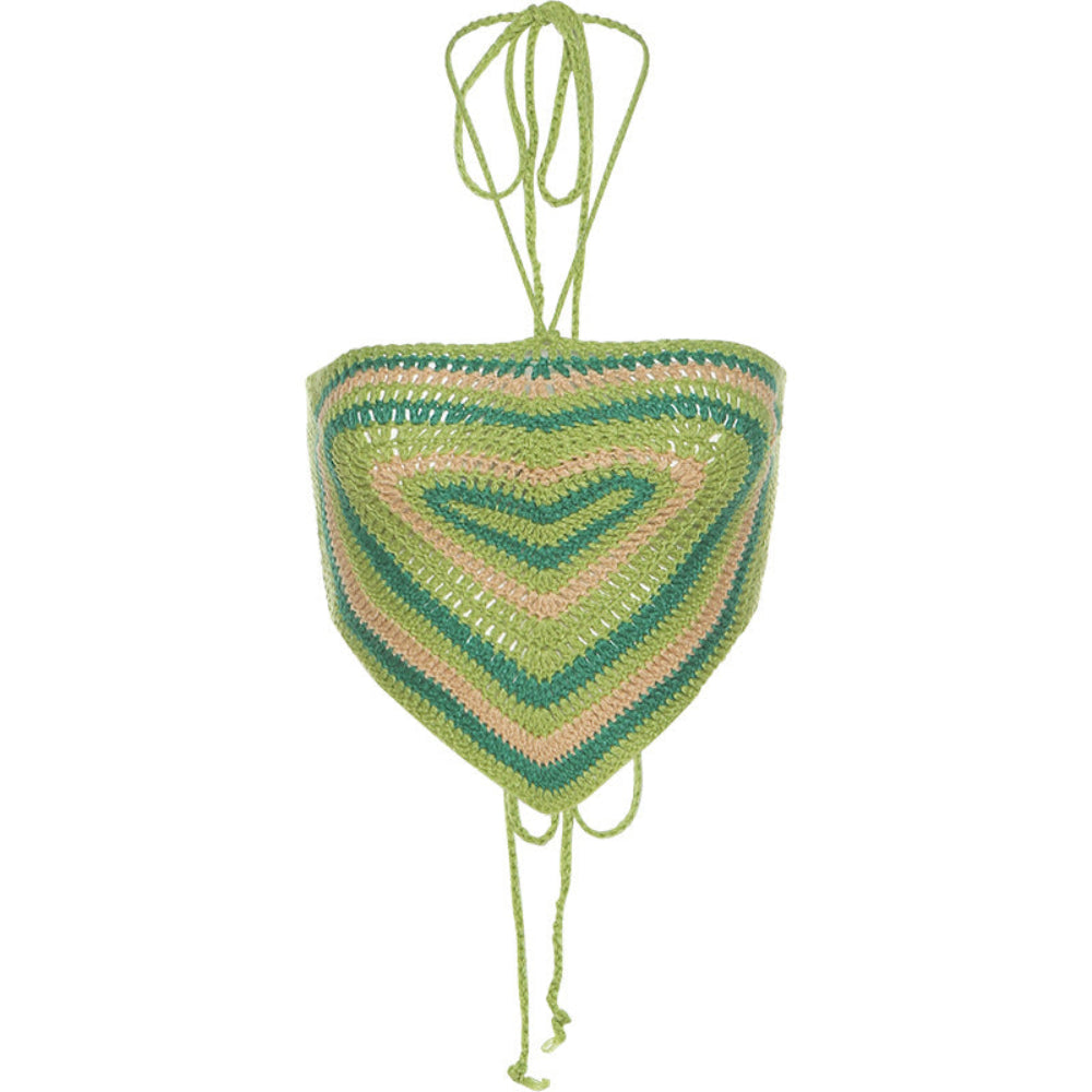 Heart-shaped crochet bag in vibrant green, beige, and turquoise striped pattern with adjustable tie straps, displayed on a white background.