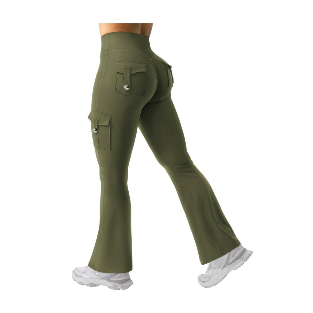 Woman modeling olive green high-waisted flared cargo pants with side and back pockets, shown from a rear three-quarter view against a clean white studio background.