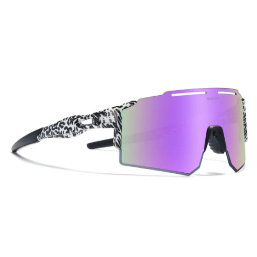 Black and white leopard print Oakley-style sport sunglasses with purple-green iridescent mirrored shield lens