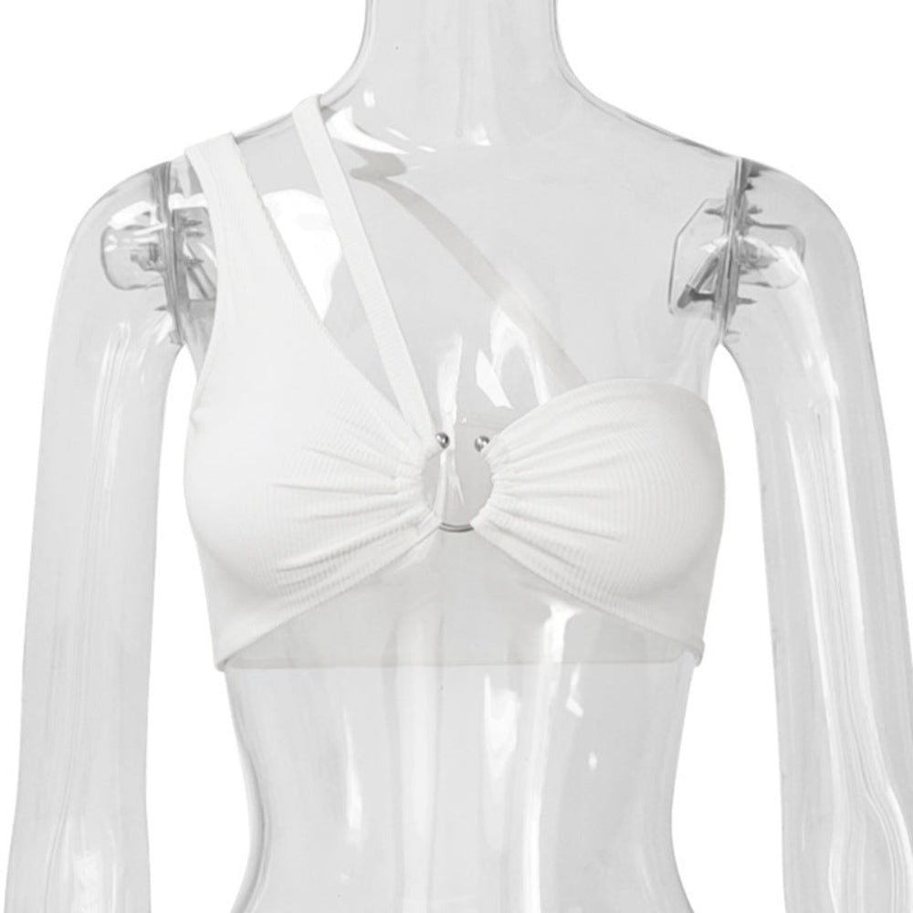 White ribbed bralette with front ruched gathering, silver O-ring hardware, and adjustable crisscross back straps, displayed on a clear mannequin.