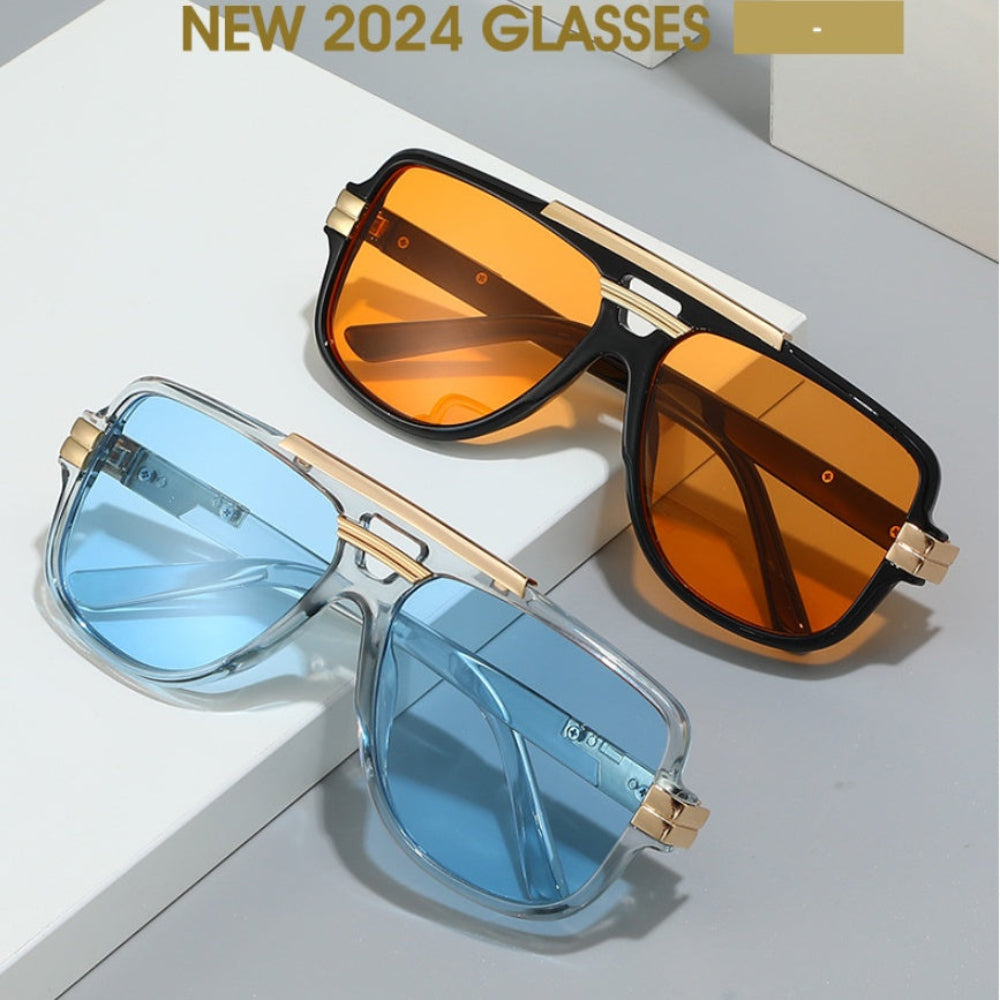Two square retro sunglasses: black frame with orange lenses and clear frame with blue lenses, styled on a white surface.