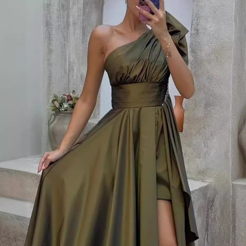 Women’s One-Shoulder Layered Evening Dress in Army Green