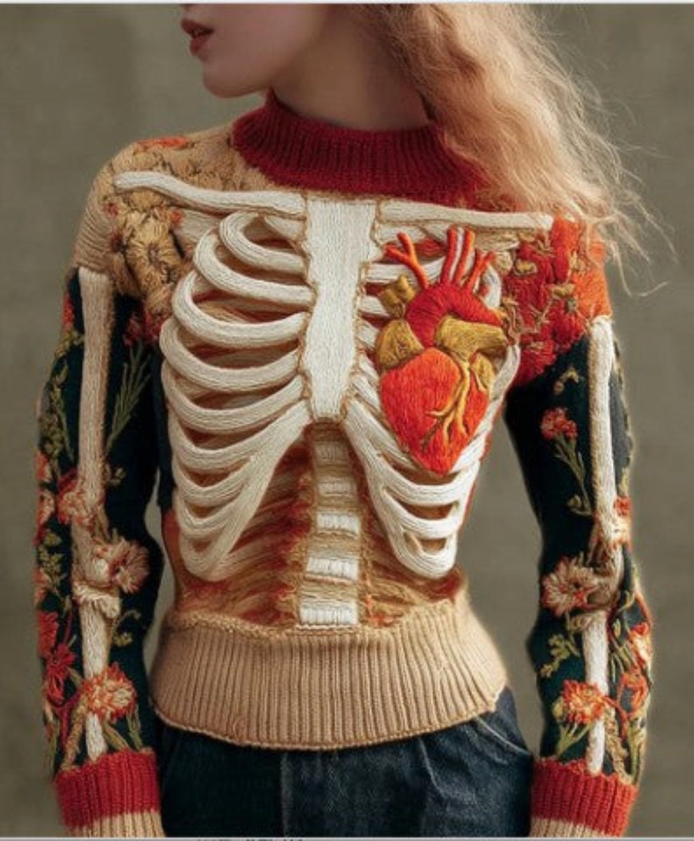 Model wearing a knit sweater with ribcage and heart embroidery and floral sleeves.