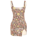 "Floral sequin mini dress with thin straps and square neckline on a mannequin against a white background"
