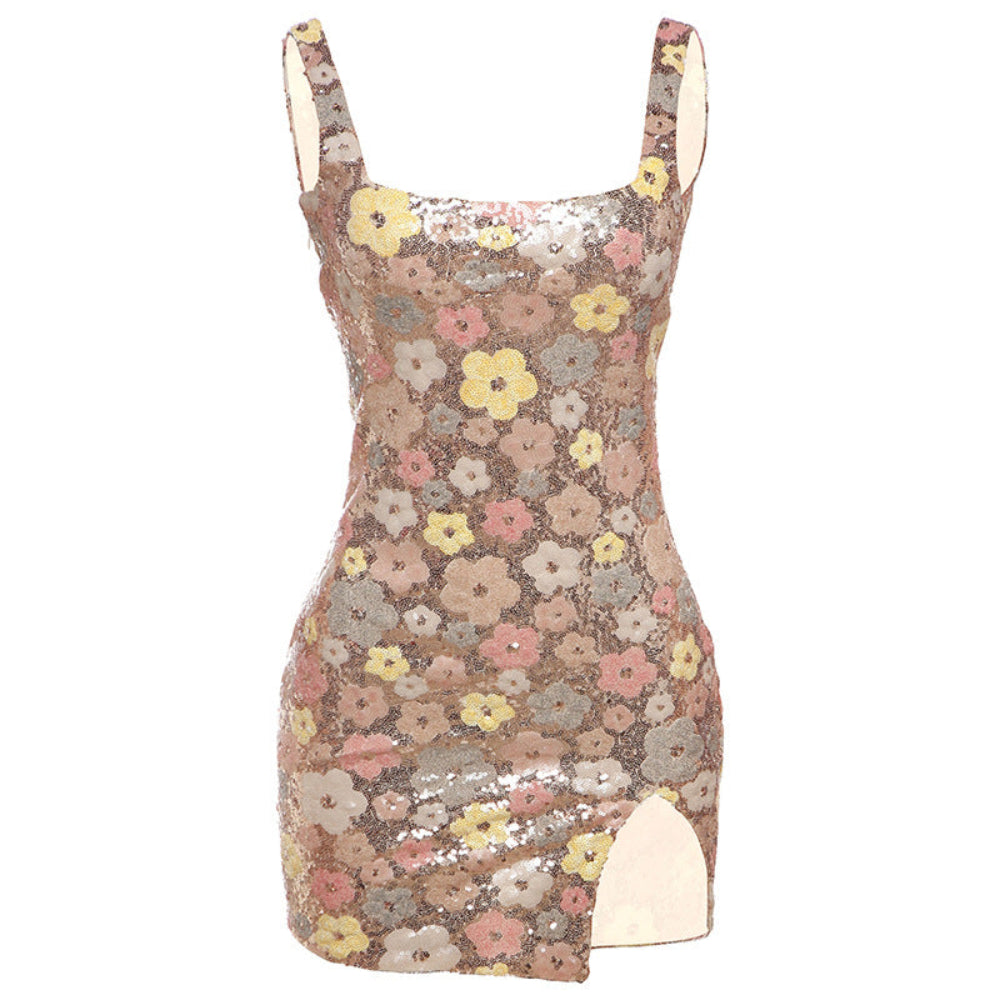 "Floral sequin mini dress with thin straps and square neckline on a mannequin against a white background"