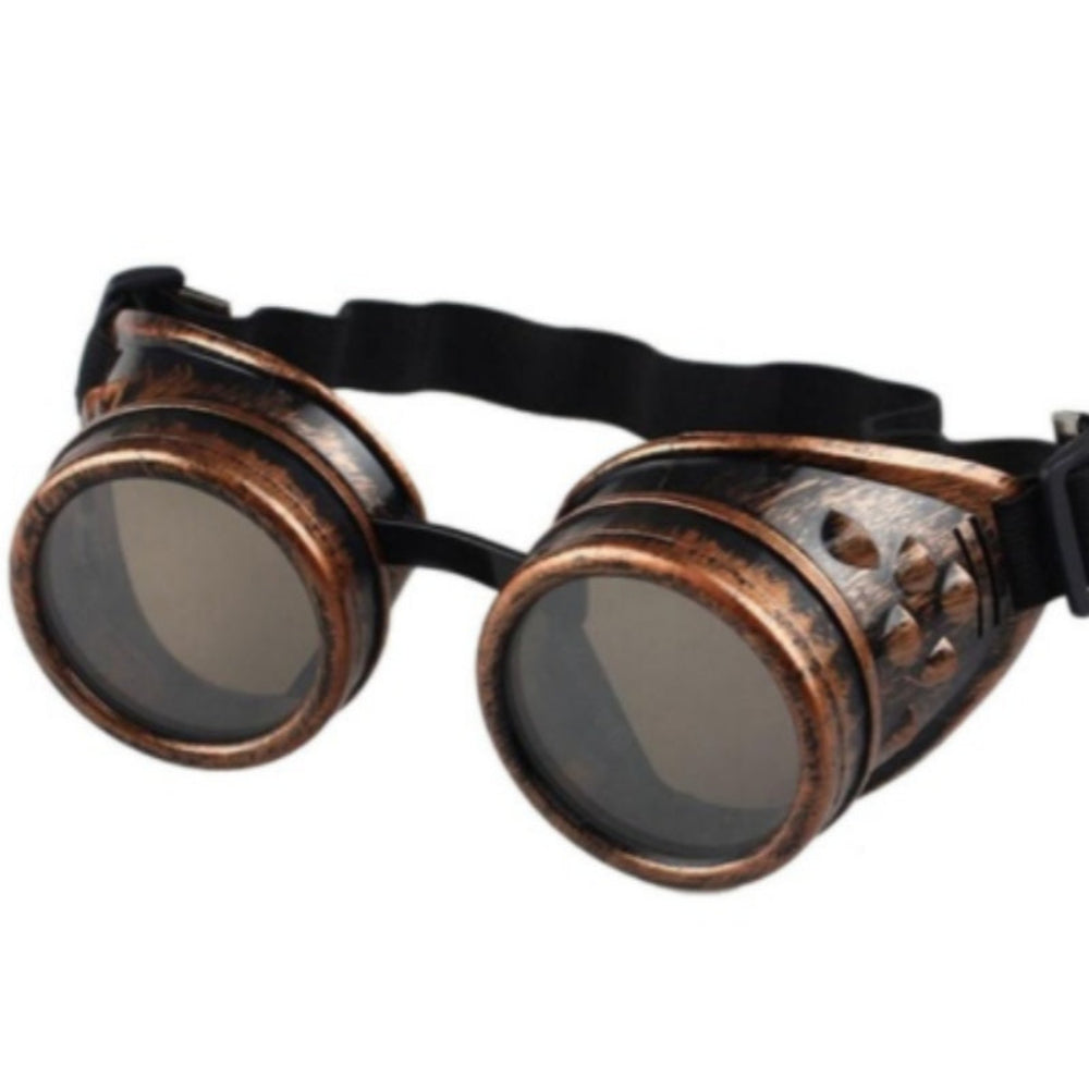 Copper steampunk welding goggles with dark round lenses and a black elastic strap, product photo on a white background.