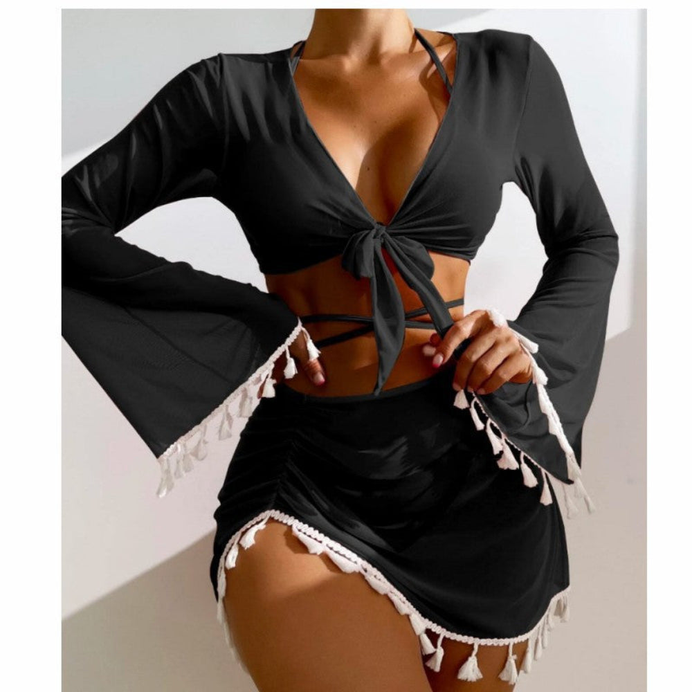 Black long sleeve tie-front crop top and ruched tassel mini skirt matching beach set.