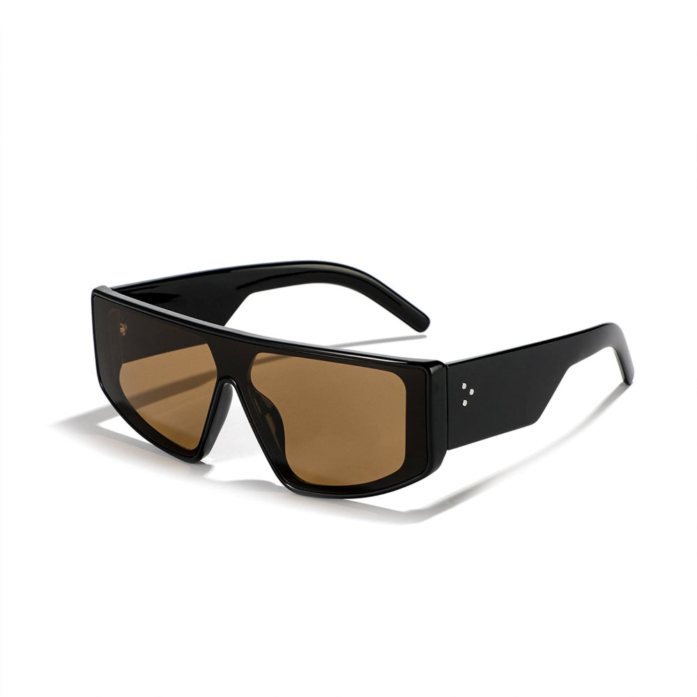 Black oversized rectangular shield sunglasses with brown tinted lenses