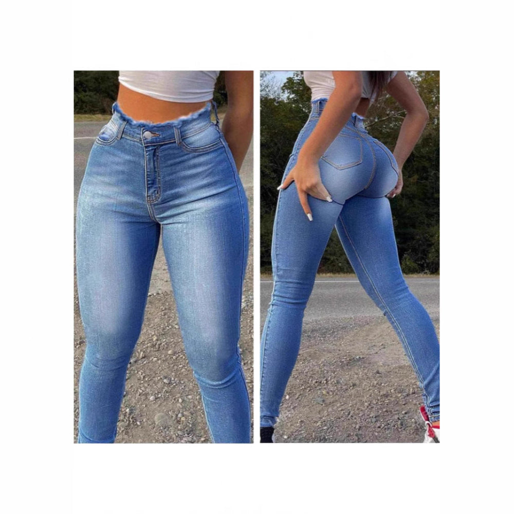 Two side-by-side views of a woman modeling light-wash high-waisted blue skinny jeans. Front view and rear view showing the perfect fit, paired with a white crop top, standing outdoors on a road with trees in the background.
