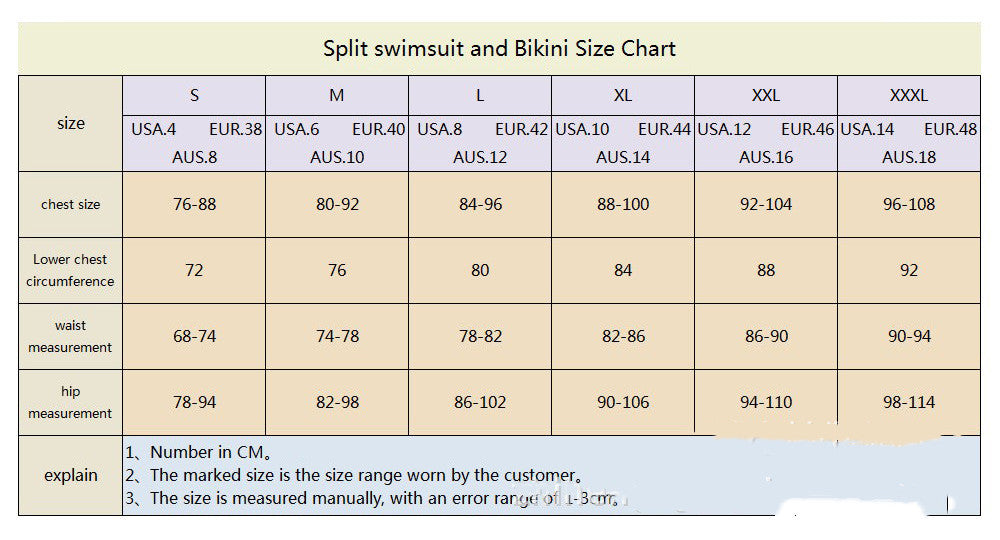 Split swimsuit and bikini size chart with measurements in centimeters and inches.