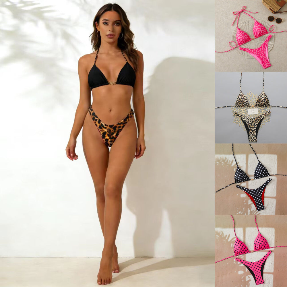 Woman wearing a black and leopard print bikini with additional bikini sets shown in smaller images.