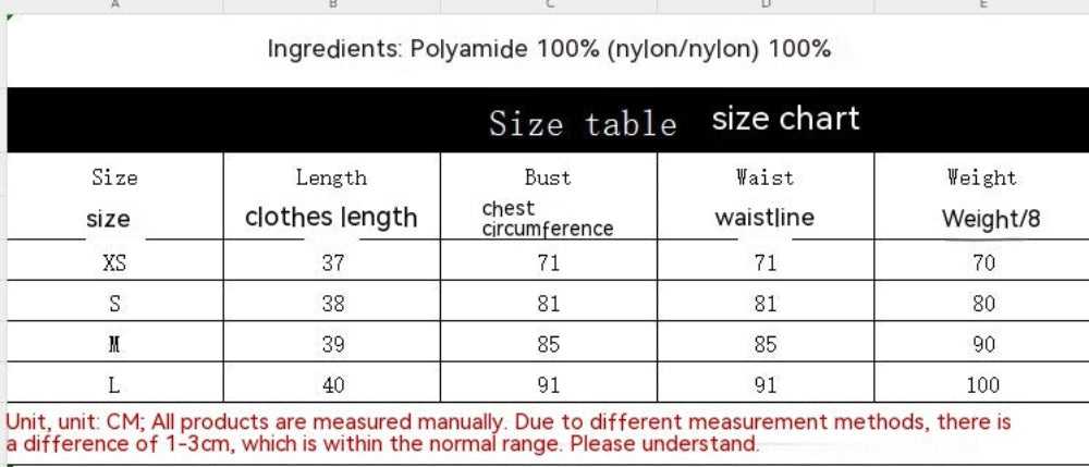 Size chart for clothing with measurements in centimeters