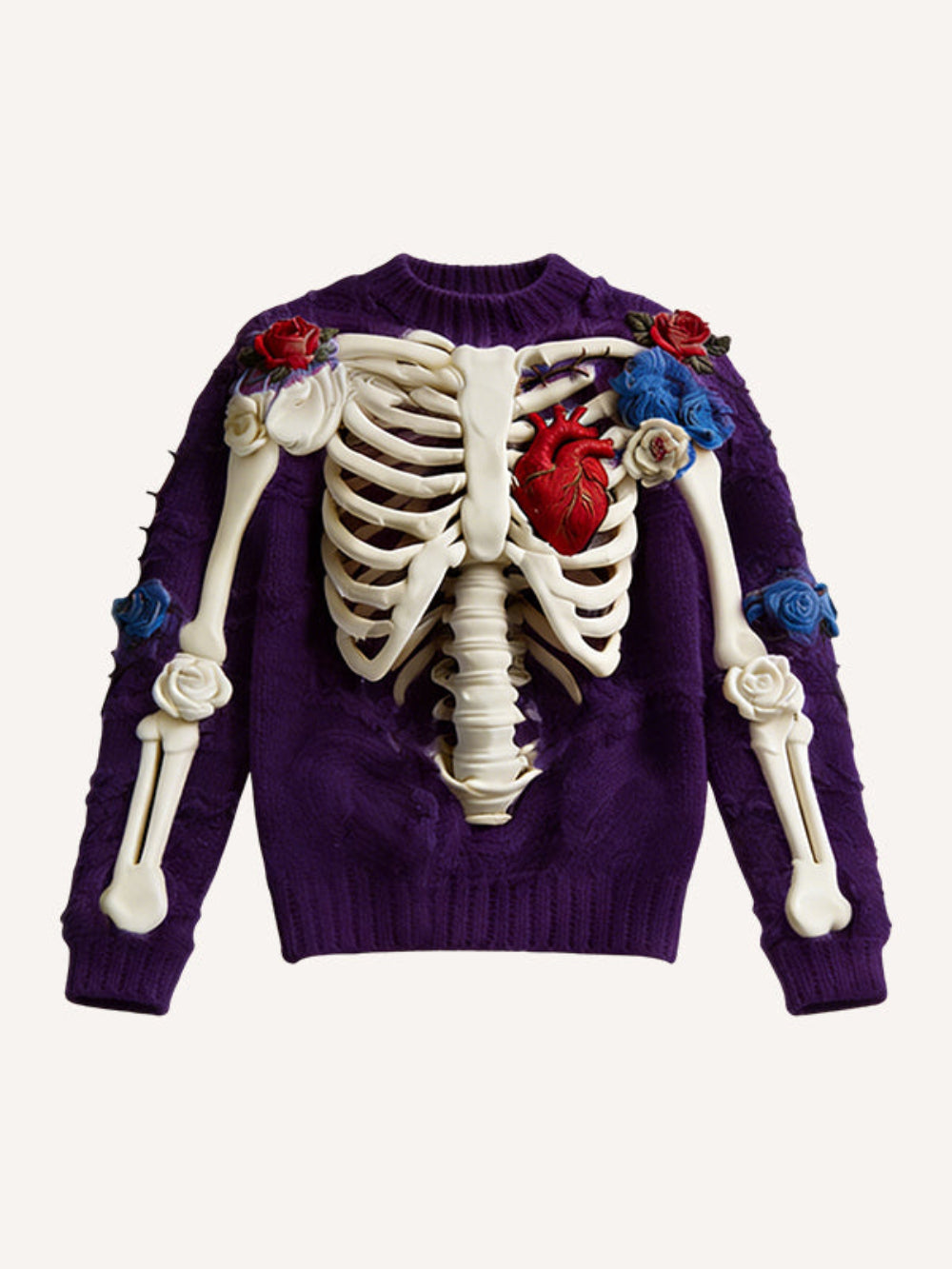 Purple knit sweater with a 3D ribcage, red heart, roses, and thorn embroidery, product photo on a cream background.