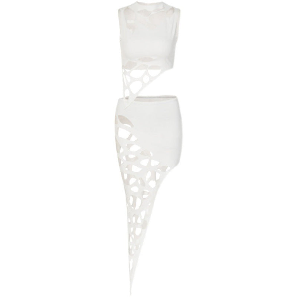 Artistic white garment featuring strategic cut-outs and geometric lattice detailing throughout the bodice and skirt area. Full-length front view of the avant-garde fashion piece against a clean white background.